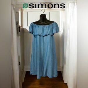 Twik by Simons, Ultra-Soft Denim Dress with Ruffled Neckline, Large, Blue